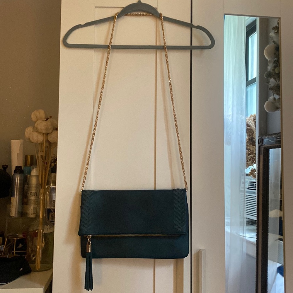 Deep turquoise color bag, golden zipper and chain, tassel and magnet clips.